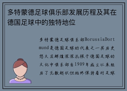 多特蒙德足球俱乐部发展历程及其在德国足球中的独特地位