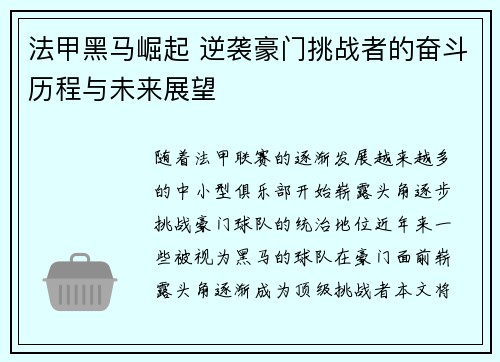 法甲黑马崛起 逆袭豪门挑战者的奋斗历程与未来展望