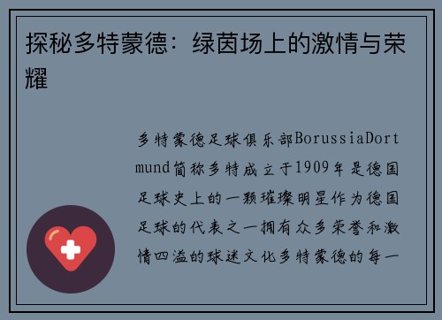 探秘多特蒙德：绿茵场上的激情与荣耀
