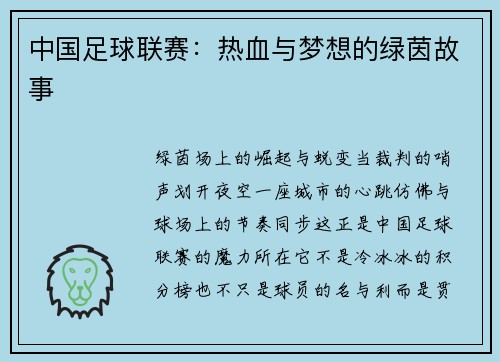 中国足球联赛：热血与梦想的绿茵故事