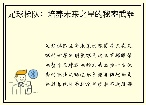 足球梯队：培养未来之星的秘密武器